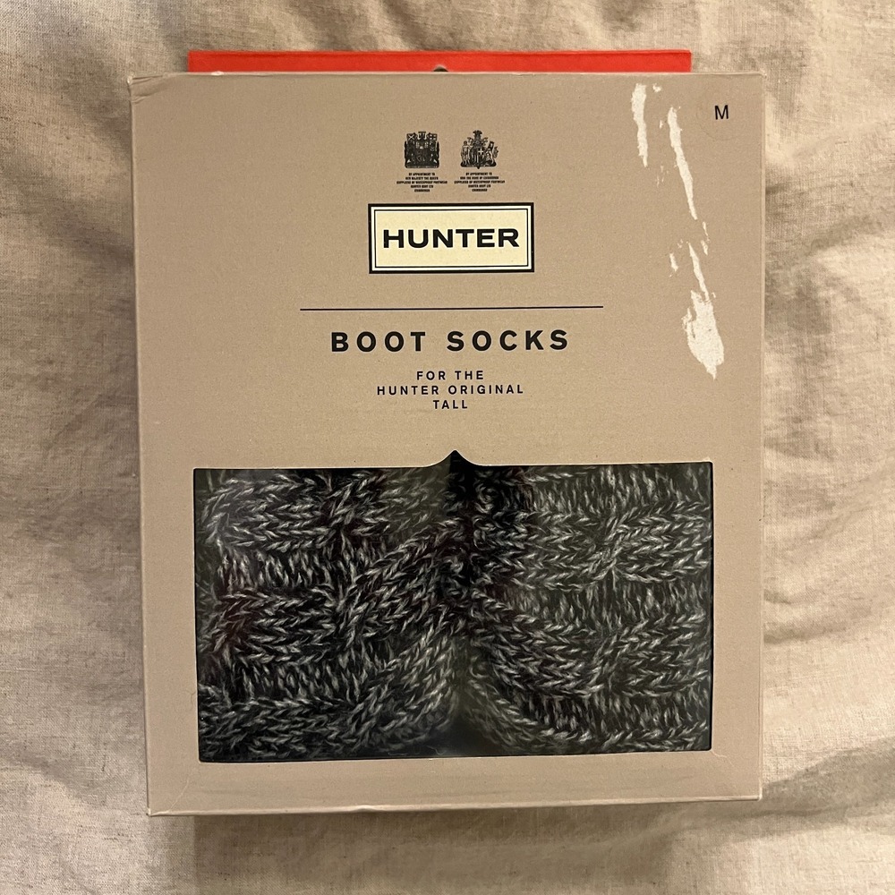 NIB Hunter Original Tall Boot Socks M Black Grey Cable Knit Fleece Rain Boots